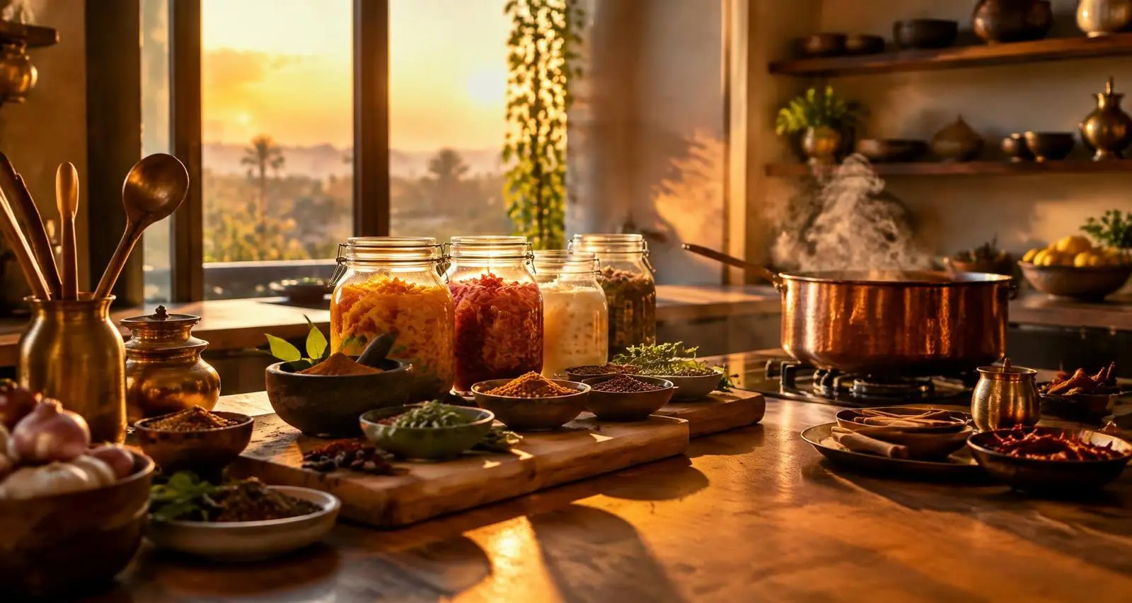 A warm kitchen at golden hour with spices and fermentation jars