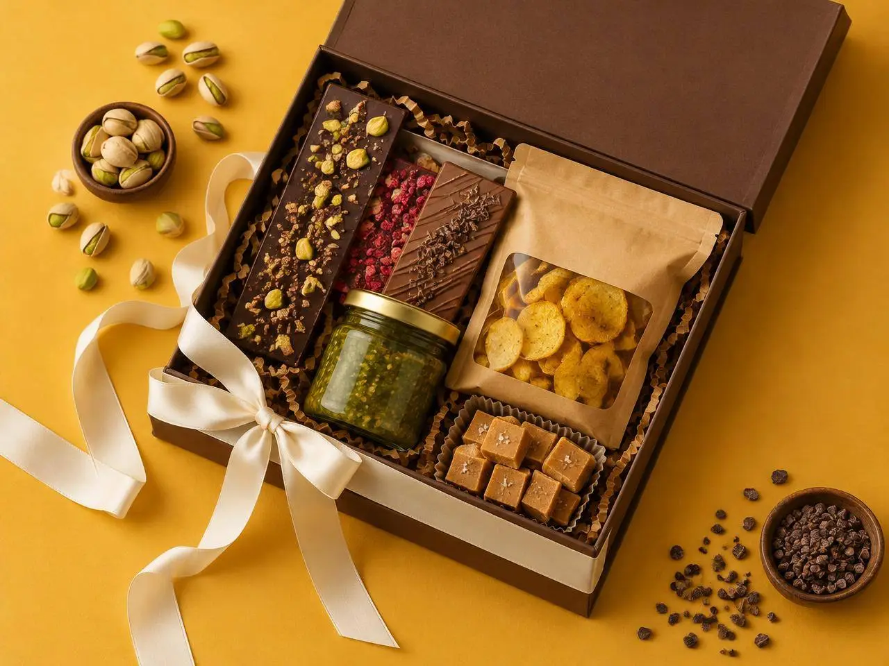 A VESA gift hamper with chocolate, condiment, crisps and fudge